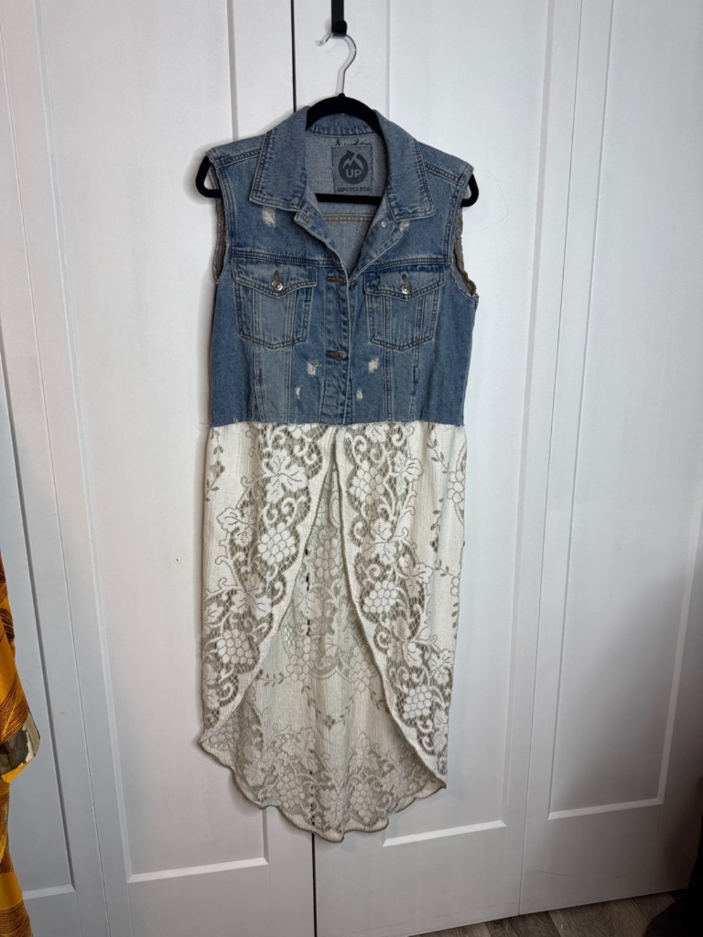 Upcycled Denim Vest Top with Cream Lace Highlow Skirt duster Med-Large